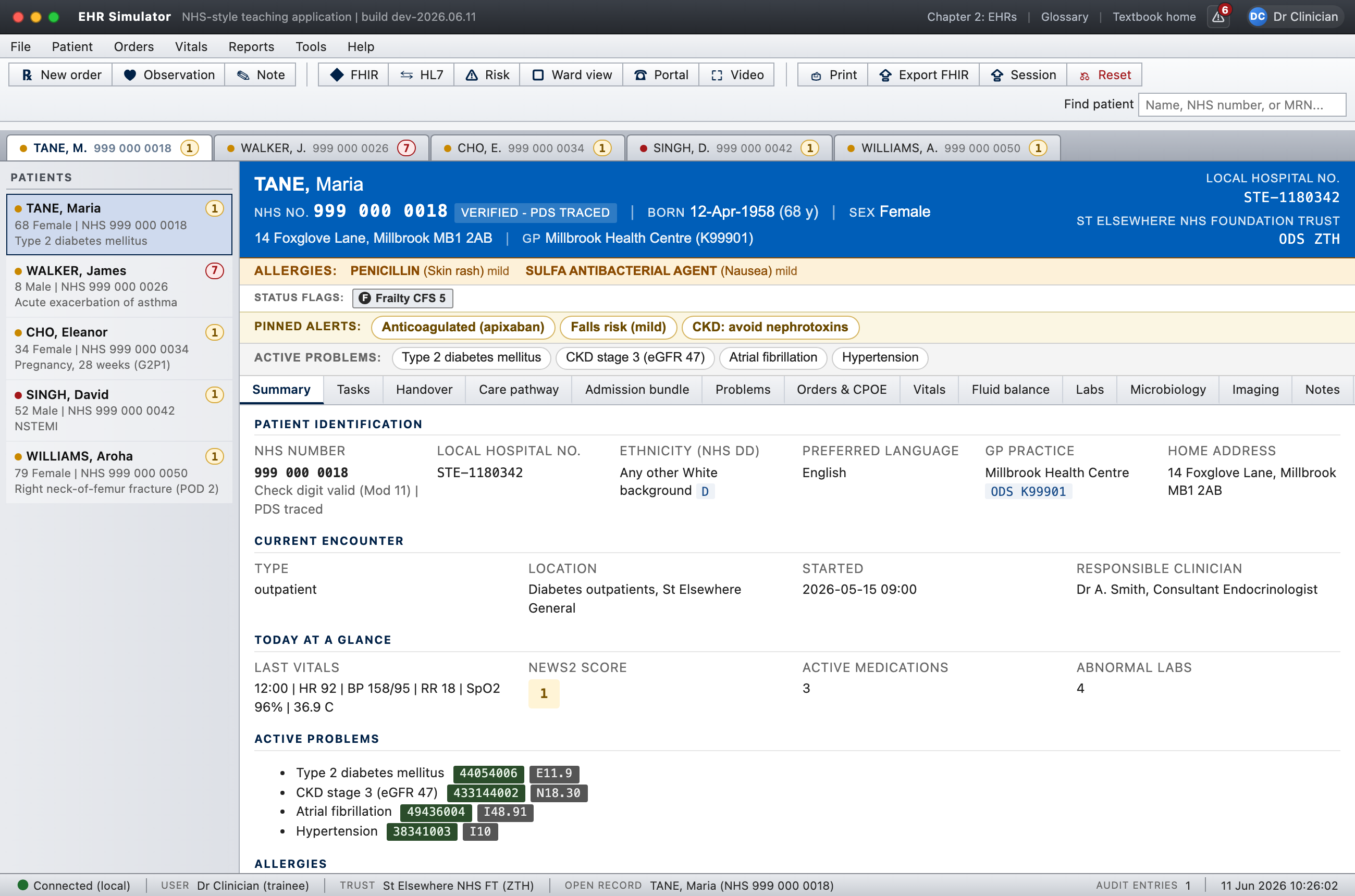 Screenshot of the EHR Simulator, showing a patient record, coded problem list, and clinical decision-support alerts